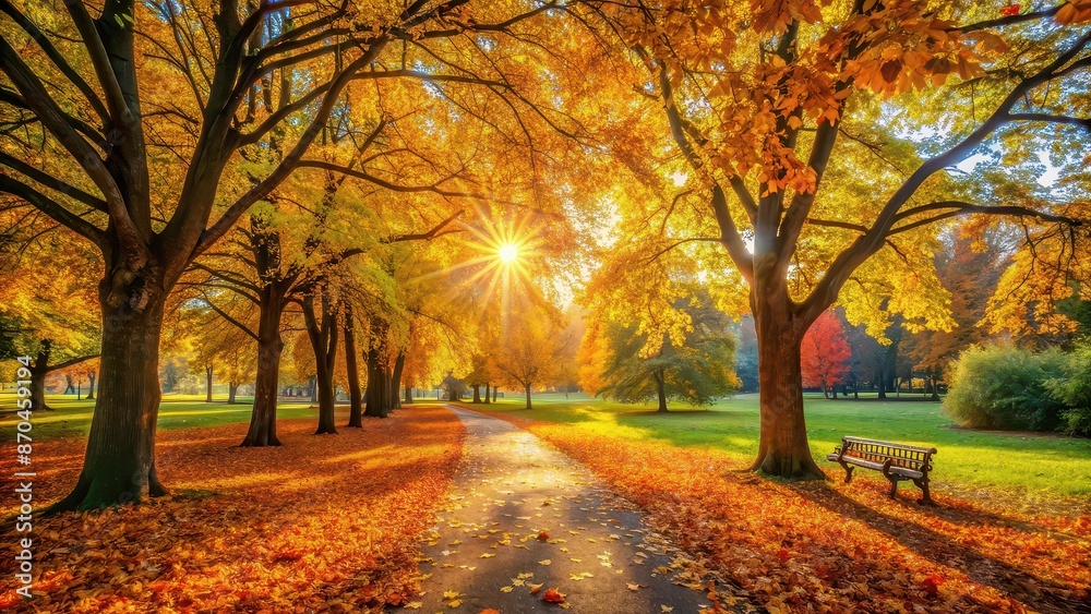 Naklejka premium Beautiful park with vibrant autumn foliage, peaceful atmosphere, and golden sunlight filtering through the leaves, park, autumn