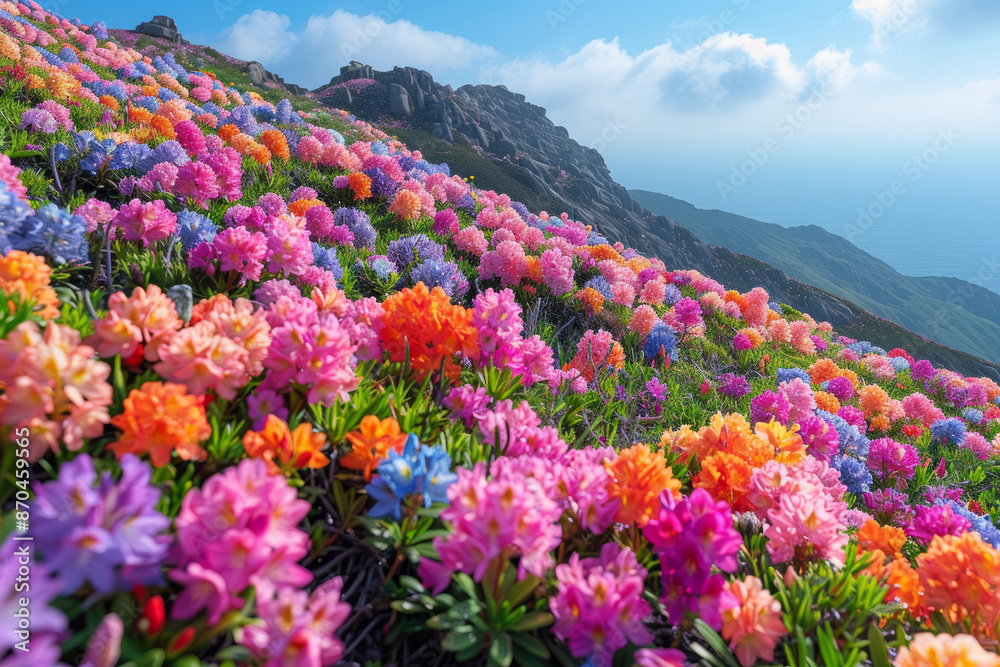Rhododendrons cover a hillside, transforming it into a colorful spectacle. Concept of floral dominance and natural artistry. Generative Ai. Rhododendrons cover a hillside, transforming it into a colorful spectacle. Concept of floral dominance and natural artistry. Generative Ai.