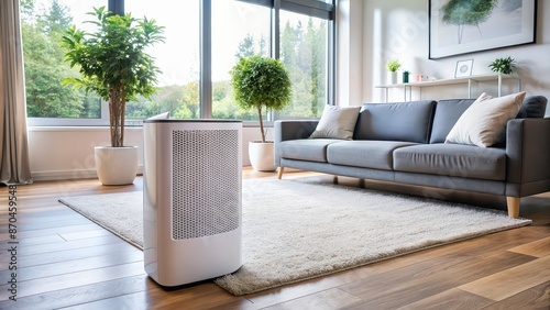 Air purifier in a modern living room setting, clean air, technology, home appliance