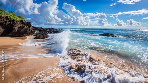 Crashing waves erode the coastline, carving out hidden coves and secret beaches. photo