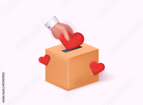 Donation box and love concept. Human hand putting red hearts to donation box. 3D Web Vector Illustrations.