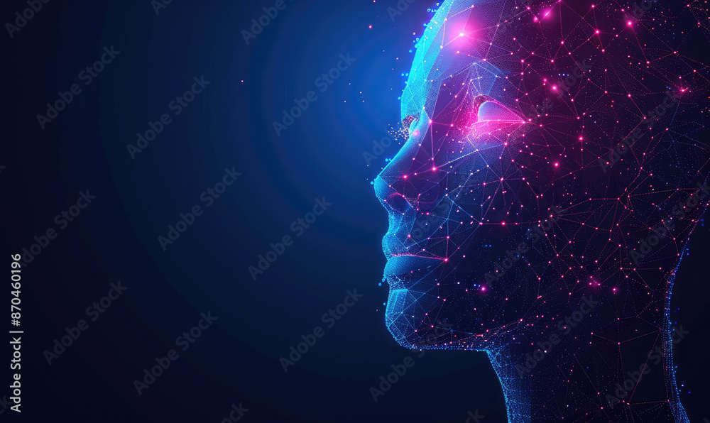 Human head created in low poly style. Man face polygon light. Emotional Intelligence allegory AI. Facial Recognition System concept. biometric scanning, 3D scanning Human head created in low poly style. Man face polygon light. Emotional Intelligence allegory AI. Facial Recognition System concept. biometric scanning, 3D scanning