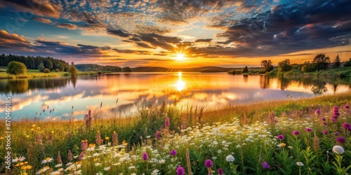 Wallpaper Mural Beautiful sunset landscape with lake and wildflowers , summer, spring, natural, scenery, serene, peaceful, tranquil, outdoors Torontodigital.ca