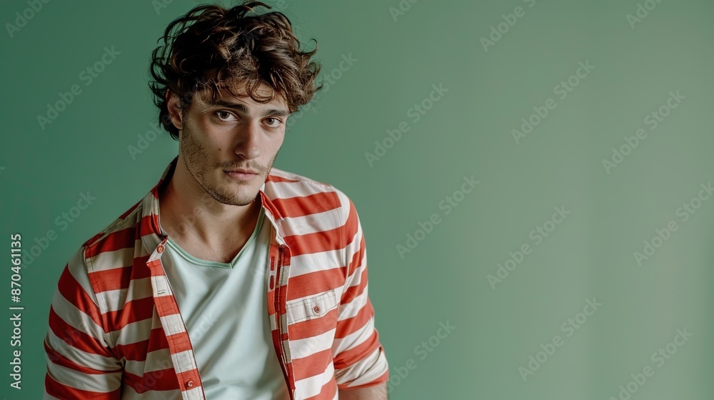 A stylish man wearing a striped casual shirt in shades of red and white, set against a plain green background. A stylish man wearing a striped casual shirt in shades of red and white, set against a plain green background.
