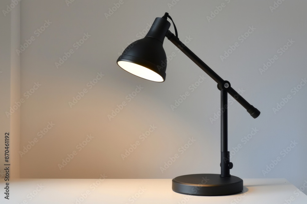 A contemporary desk lamp with a smooth, matte black finish. The lamp has a simple, adjustable arm and a small, circular base. Studio lighting to cast soft shadows, against a clean background A contemporary desk lamp with a smooth, matte black finish. The lamp has a simple, adjustable arm and a small, circular base. Studio lighting to cast soft shadows, against a clean background