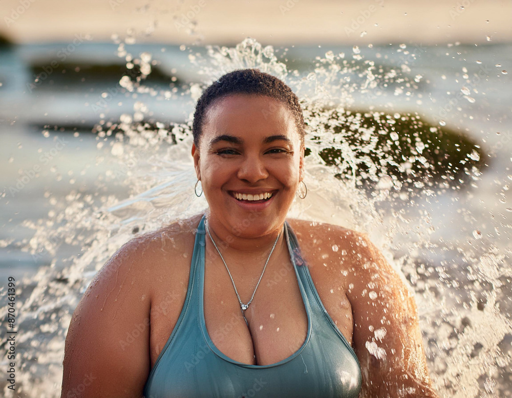 Obraz premium Woman Having Fun Splashing Water at the Beach on a Sunny Summer Day