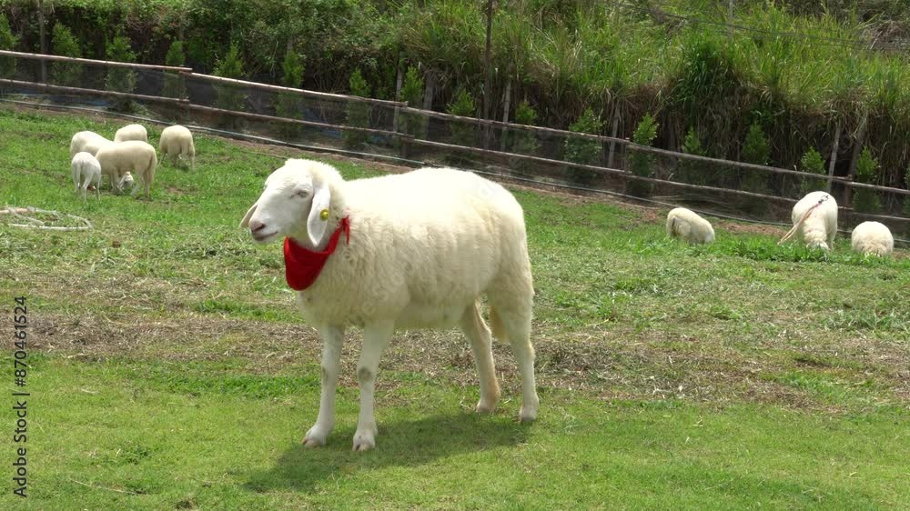 Farm animal sheep walking, resting, eating grass freely in farmland Farm animal sheep walking, resting, eating grass freely in farmland