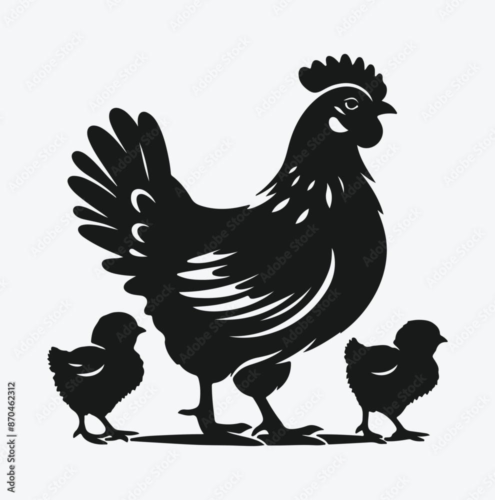 Fototapeta premium Charming Hen with Chickens Silhouette, Ideal for Farm-Themed Designs and Crafts