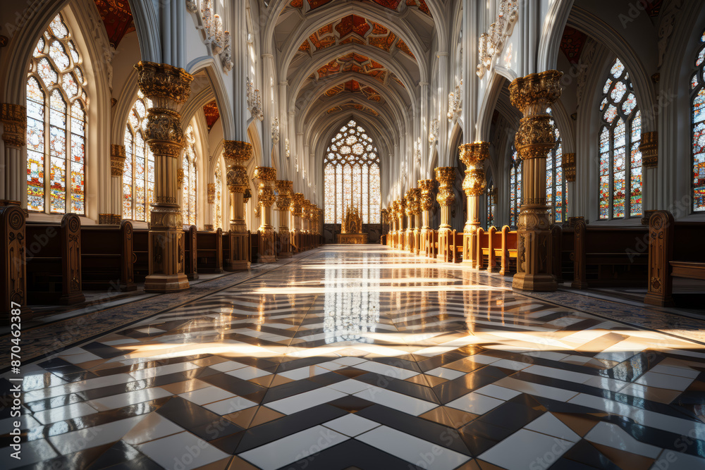 Fototapeta premium An empty church nave illuminated by stained glass windows, suffused with an aura of sacred silence. Concept of spiritual calm and devotional quietude. Generative Ai.