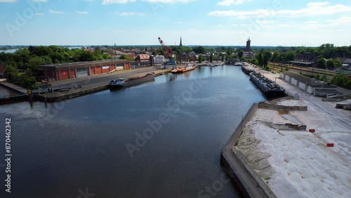Brake Unterweser - Germany - rising flight aerial view from the inland port to the city center with fantastic panoramic views