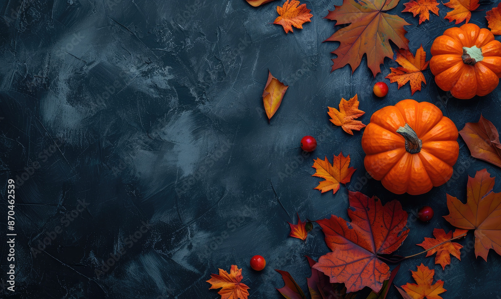 Thanksgiving and Autumn decoration concept made from autumn leaves and pumpkin on dark background. Flat lay, top view with copy space