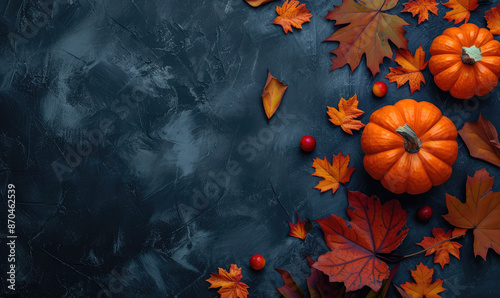 Thanksgiving and Autumn decoration concept made from autumn leaves and pumpkin on dark background. Flat lay, top view with copy space