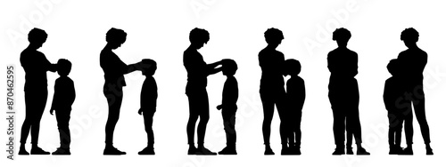 Vector concept conceptual black silhouette of a mother with her son from different perspectives isolated on white. A metaphor for parenting, motherhood, connection, childhood, family and love