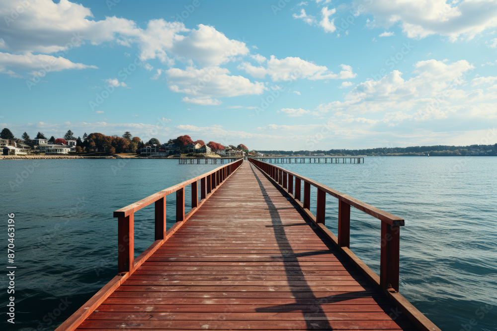 An empty lakeside pier stretching out into the water, where the only sound is the lapping of waves against the shore. Concept of lakeside serenity and pier solitude. Generative Ai. An empty lakeside pier stretching out into the water, where the only sound is the lapping of waves against the shore. Concept of lakeside serenity and pier solitude. Generative Ai.