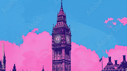 Risograph riso print travel poster, card, wallpaper or banner illustration, modern, isolated, clear and simple of Big Ben, London, England. Artistic, screen printing, stencil digital duplication