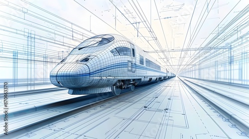 High Speed Train Infrastructure Blueprint on Minimal White Background