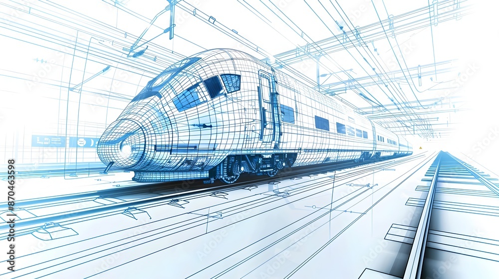 High Speed Train Technical Blueprint Diagram on Minimal White Background High Speed Train Technical Blueprint Diagram on Minimal White Background