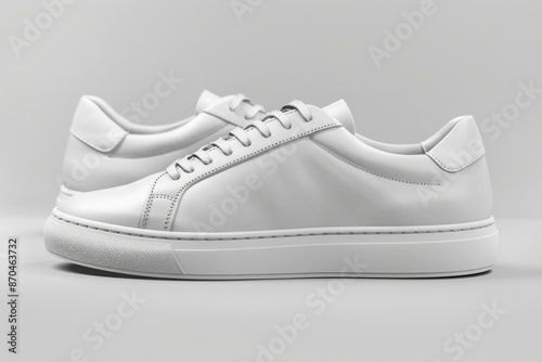 A pair of modern, minimalist sneakers with a white leather upper and light grey accents. The design features clean lines and a slight texture on the sole
