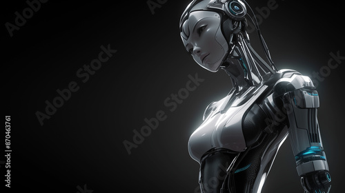 Female robot half body shot, Artificial intelligence concept, isolated black background photo