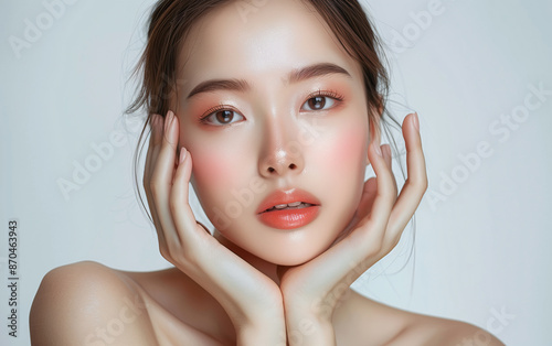 A beautiful young woman with white, smooth, clean skin, caressing it with her hands in a beautiful manner. Advertising concept for cosmetics, spas, beauty clinics, Generative AI