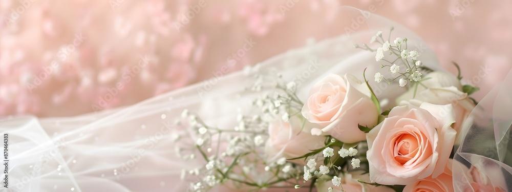 Fresh pink roses, white veil and pink background. Romantic or wedding banner Fresh pink roses, white veil and pink background. Romantic or wedding banner