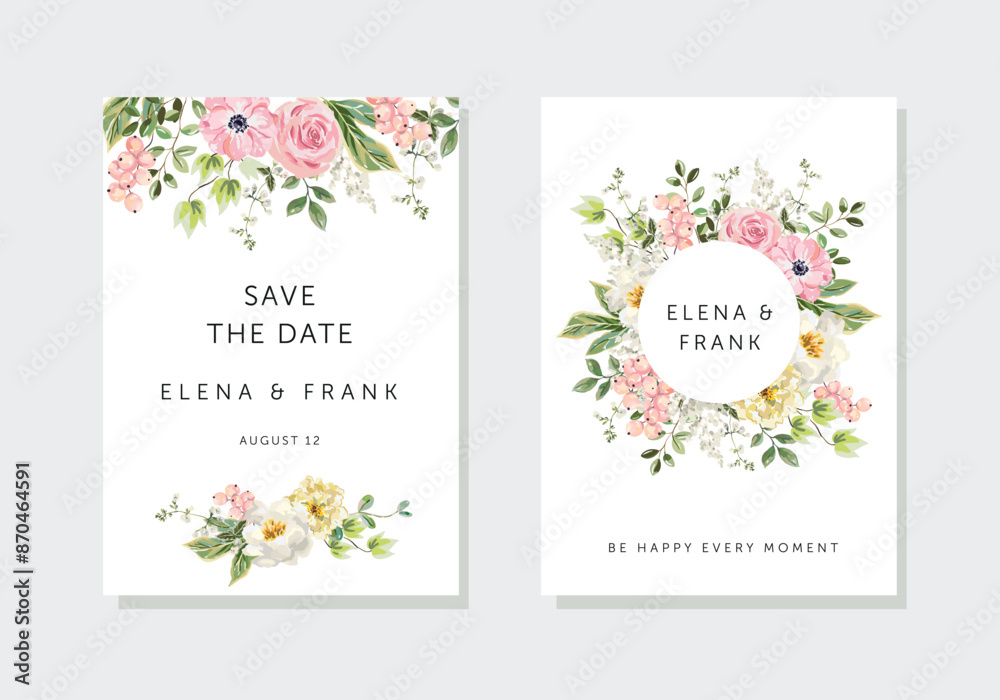 Wedding cards design. Pink currant berries, rose flowers, green leaves, white background. Vector illustration. Romantic floral arrangements. Invitation template. Summer garden Wedding cards design. Pink currant berries, rose flowers, green leaves, white background. Vector illustration. Romantic floral arrangements. Invitation template. Summer garden