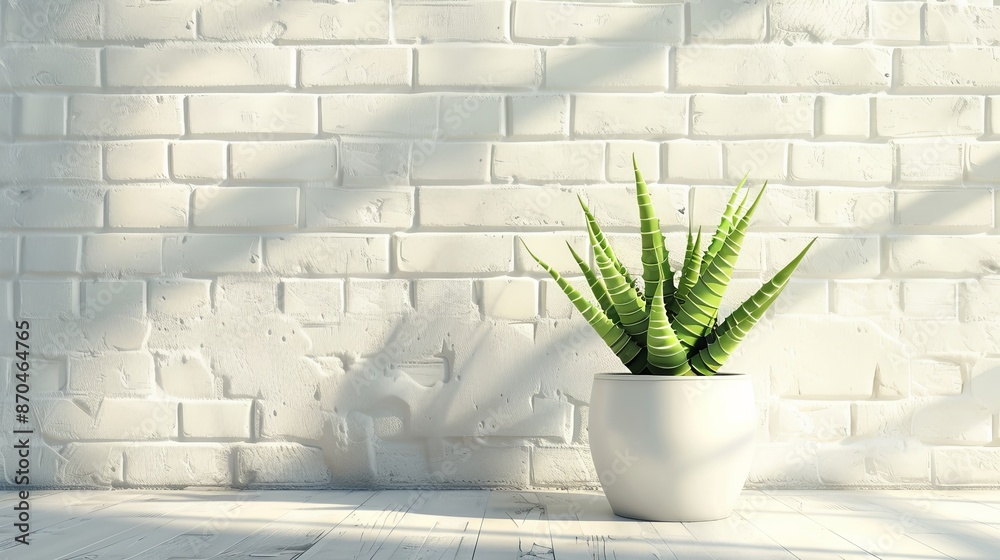 Green succulent plant in white pot against brick wall, minimalist interior decor concept Green succulent plant in white pot against brick wall, minimalist interior decor concept
