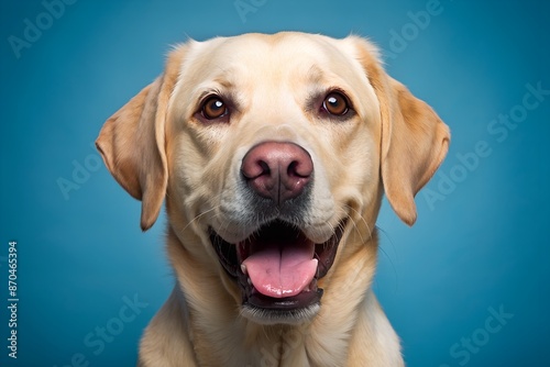 Studio headshot portrait of rescued yellow lab smiling with tongue out looking forward against a blue backdrop