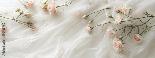 Fresh pink roses and white veil. Romantic or wedding banner