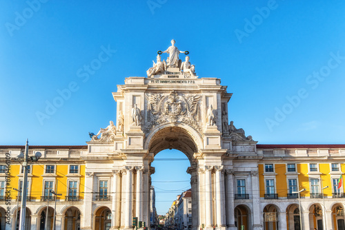 Rua Augusta Arch at dusk in Lisbon, Portugal. View from the Commerce Square (Portuguese: Praca do Comercio, Terreiro do Paco).