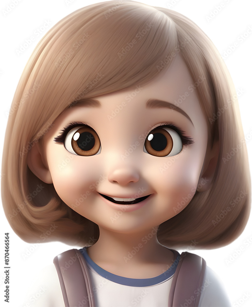 Adorable cartoon girl with bright smile. 