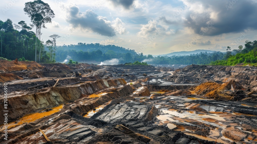 Obraz premium Mining site with deforestation, environmental damage, industry impact on the ecosystem