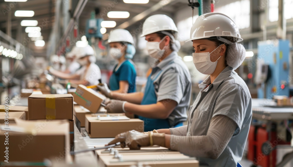 Inside the factory, a group is working together while wearing masks and hard hats for safety Inside the factory, a group is working together while wearing masks and hard hats for safety