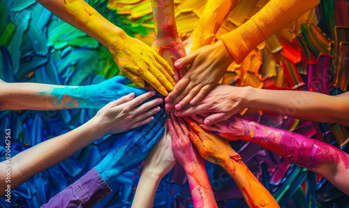 A vibrant celebration of corporate unity and collaboration, hands joined together in solidarity and teamwork, vivid colors symbolizing synergy & diversity fuels success in modern business landscape