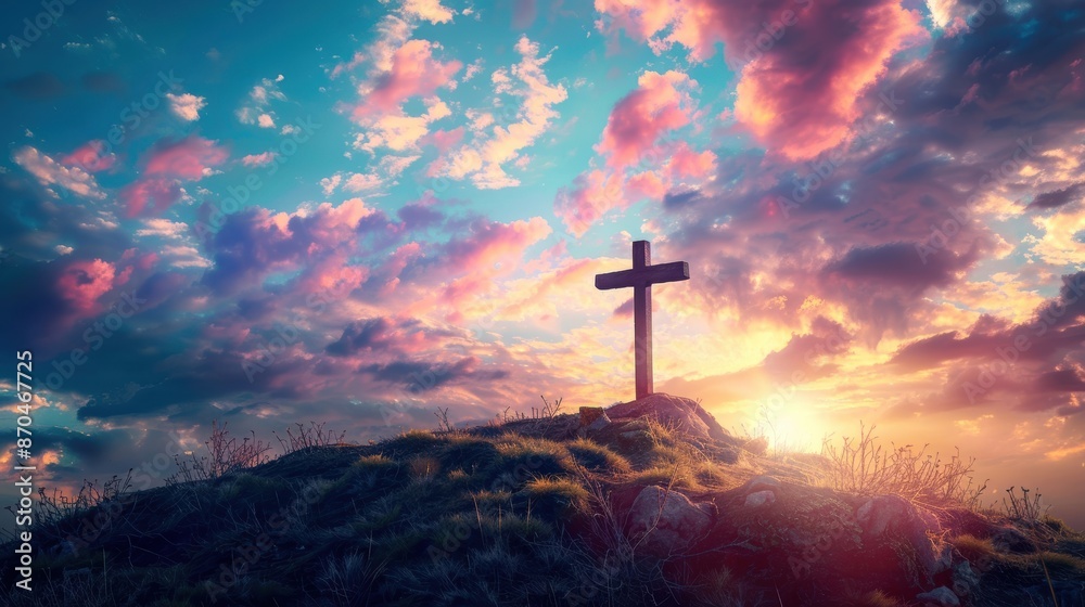 Fototapeta premium Cross standing on a hill with a vibrant sunset and glowing clouds, symbolizing faith and hope