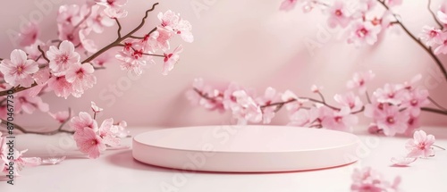 Cosmetics podium, surrounded by cherry blossoms, soft pink setting, ideal for spring themes © Seksan