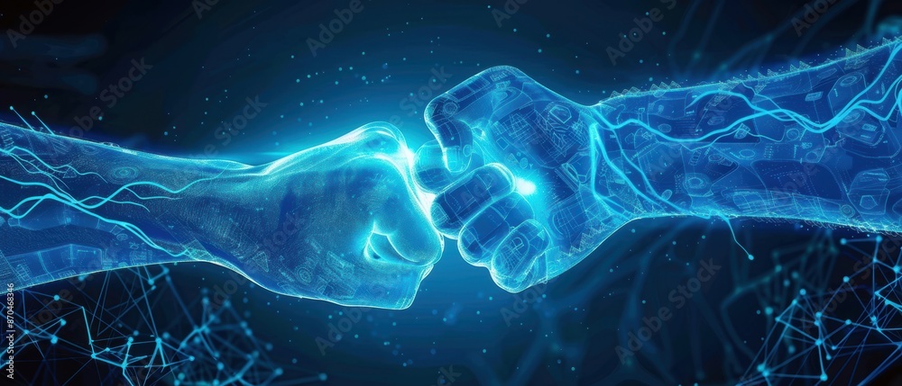 Unity Hand Blue Color Blue neon hands connecting in fist bump, tech-inspired backdrop, unity ...