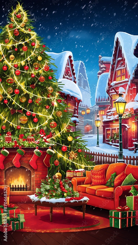 Fototapeta premium Merry Christmas (Illustration-typography) Santa Cluas, Rendier, Snowmen, Gifts. kids