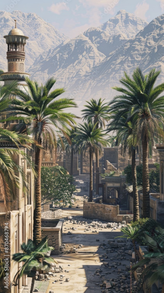 Ancient desert town with palm trees and mountains in the background