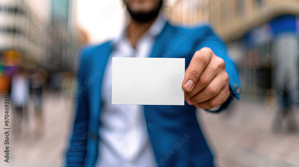 homme d'affaires tenant devant lui une carte de visite vierge personnalisable homme d'affaires tenant devant lui une carte de visite vierge personnalisable
