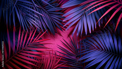Modern layout installed with tropical colorful plants forest glow in the dark background. Stylized as futuristic art