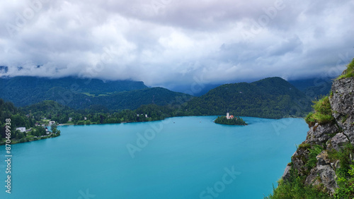 Bled Lake with its surroundings on cloudy spring day, Slovenia