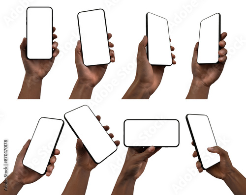 A set including black hand holding a generic modern smartphone with a blank screen in various positions, comprising perspective, vertical, and horizontal versions