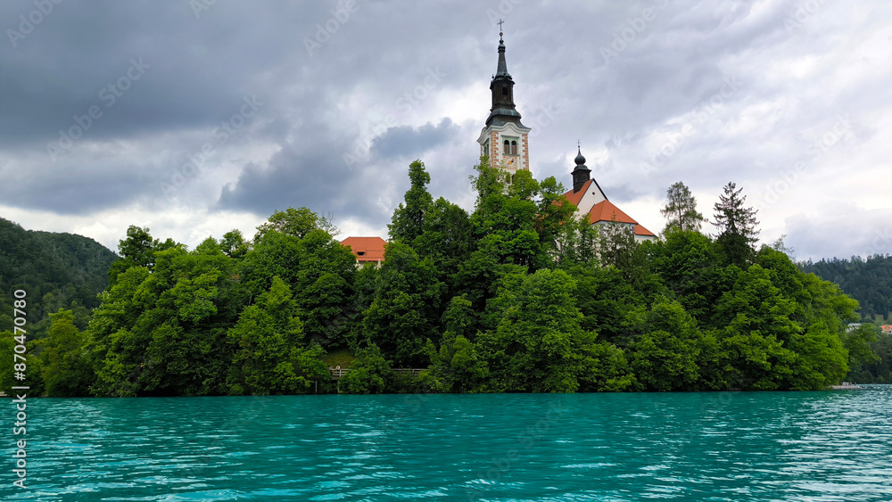 Fototapeta premium Bled Lake with its surroundings on cloudy spring day, Slovenia