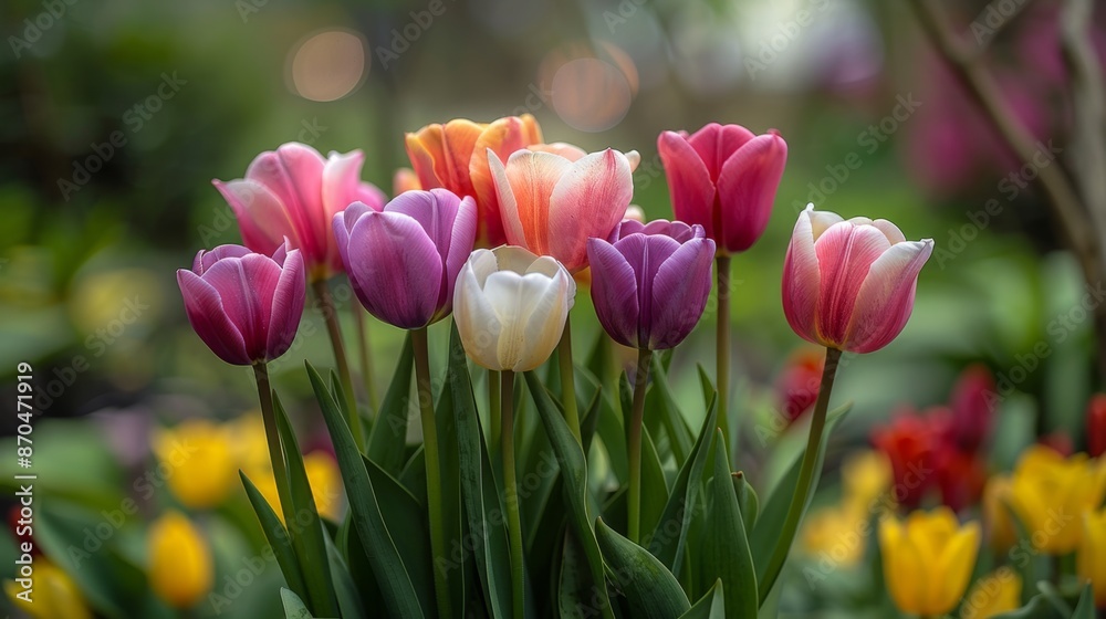 Fototapeta premium Colorful Tulips Blooming in Garden Generative AI
