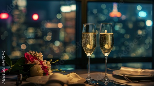 Romantic night with champagne glasses, flowers, and scented candles against a city skyline. Ideal for banners, menus, and background images