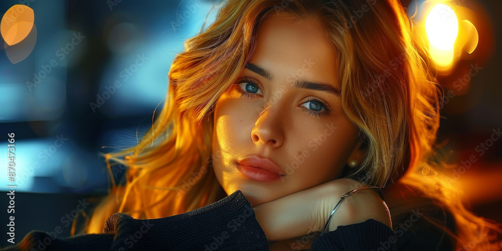 Naklejka premium Thoughtful female business professional with head in hand looking away while sitting at desk in office