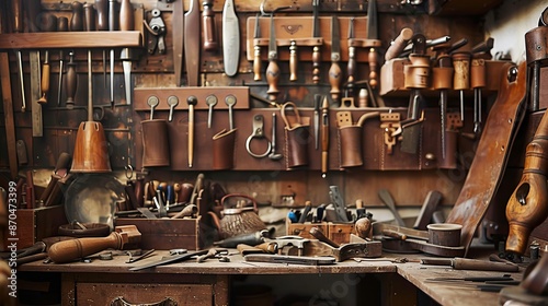 "Leather work tools in small workshop."