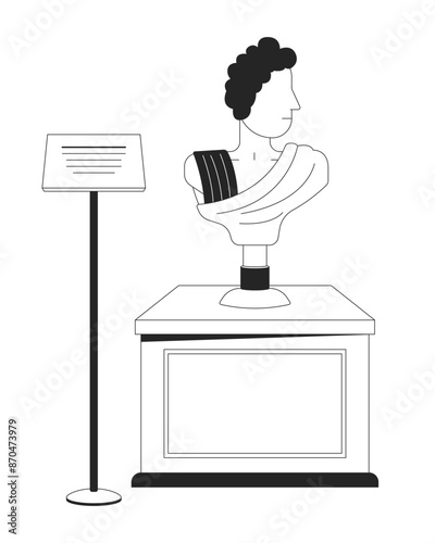 Greek statue bust exhibition black and white 2D line cartoon object. Ancient classical exhibit isolated vector outline item. Antique sculpture, reproduction museum monochromatic flat spot illustration