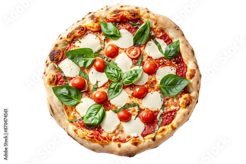 a pizza with tomatoes and basil leaves